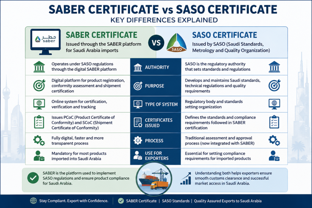 Infographic comparing Saber Certificate and SASO Certificate for Saudi Arabia imports, highlighting differences in authority, certification process, compliance requirements, shipment approval, and benefits for Indian exporters.