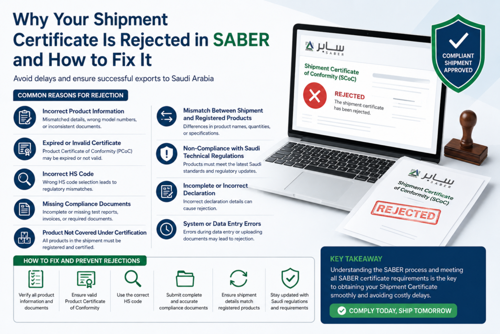 the top reasons for rejection of SABER certificate for exporting goods from india to saudi arabia